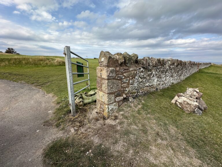 Dry stone field wall with fallen stones awaiting repair