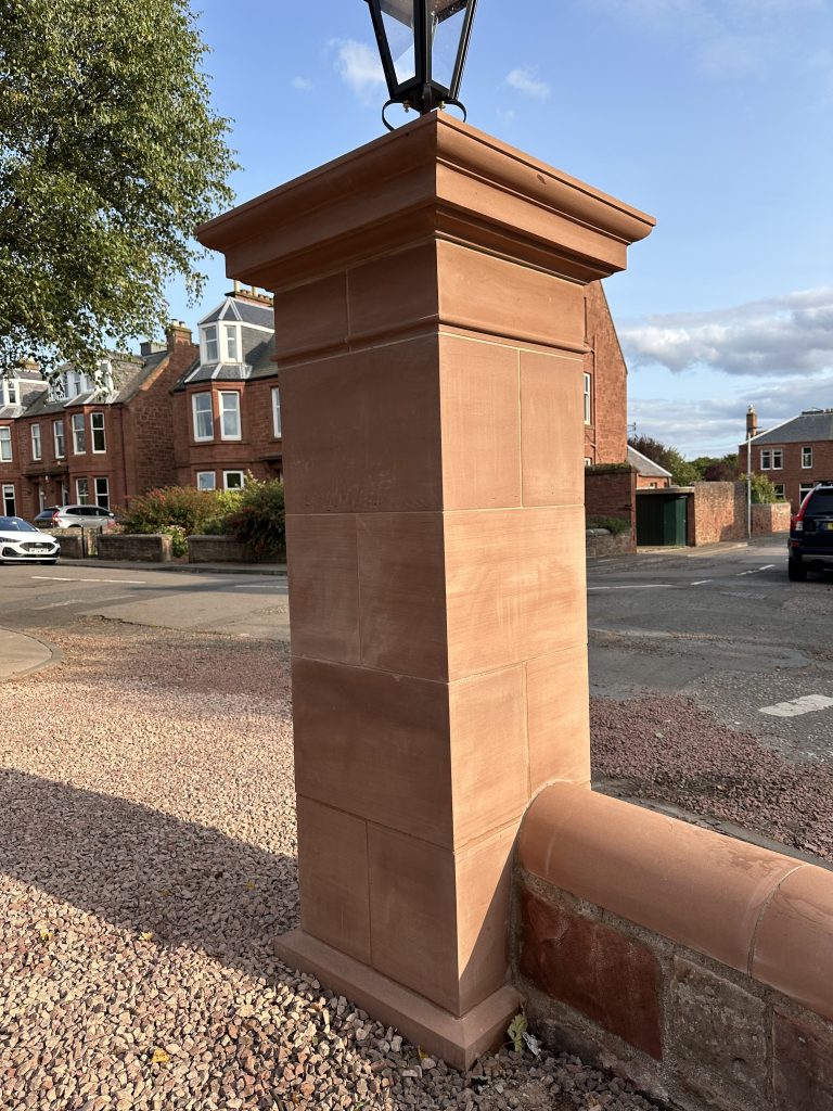 Sandstone gate pillar and wall coping at Bayswell Hotel